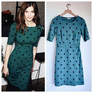 Boden Audrey Fitted Half Sleeve Polka Dot Ponte Knit Dress in Dark Teal & Black